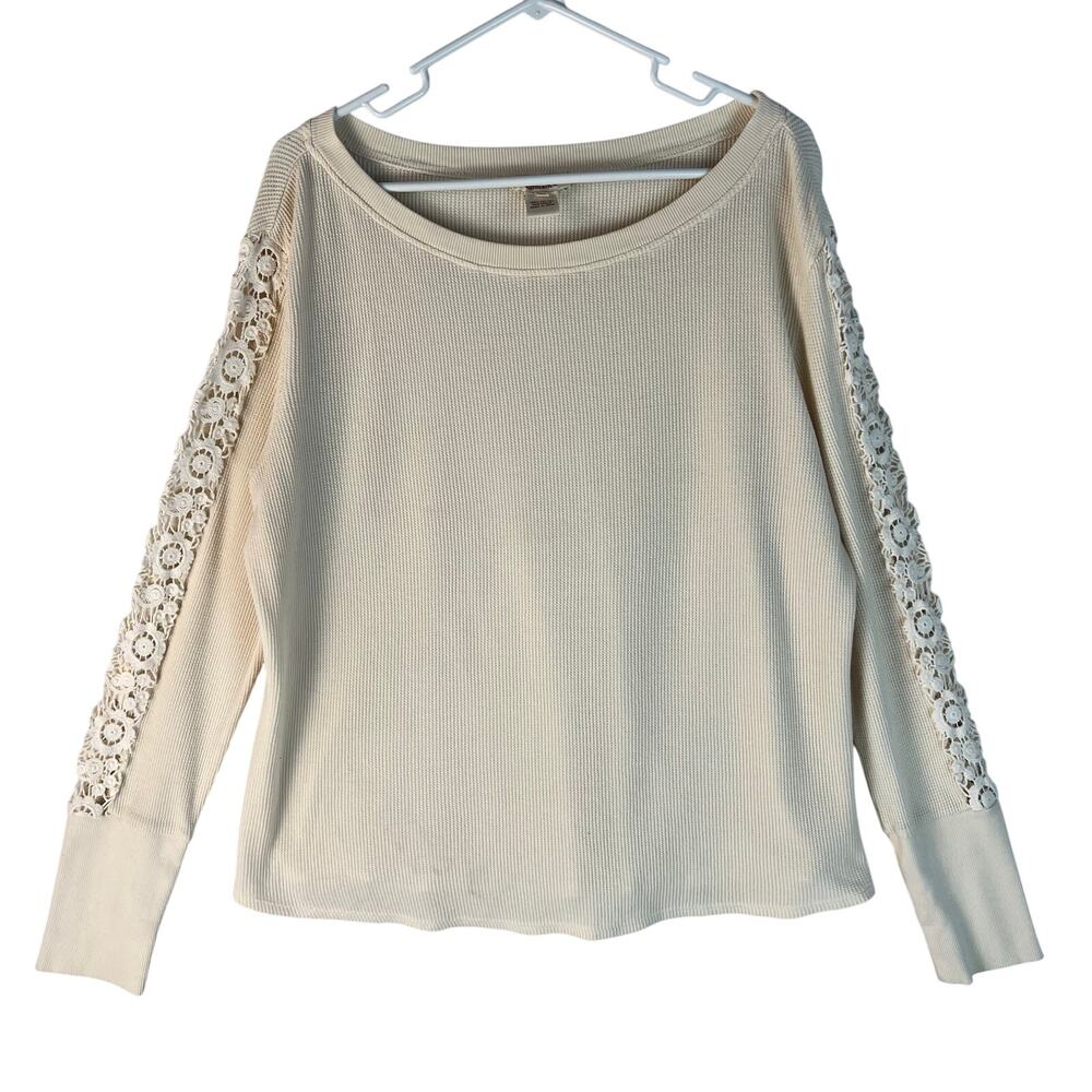 Sundance Waffle Thermal Knit Top XL Ivory Crochet Lace Sleeve Detail Cotton EUC